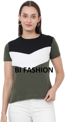 Bi Fashion Colorblock Women Round Neck Grey T-Shirt