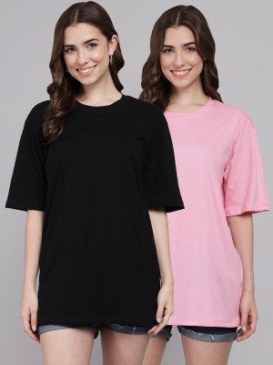 FUNDAY FASHION Solid Women Round Neck Black, Pink T-Shirt