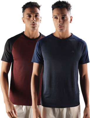 Force NXT Solid Men Round Neck Blue, Maroon T-Shirt