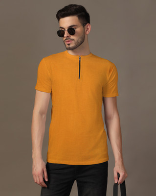 GEUM Solid Men Henley Neck Gold T-Shirt