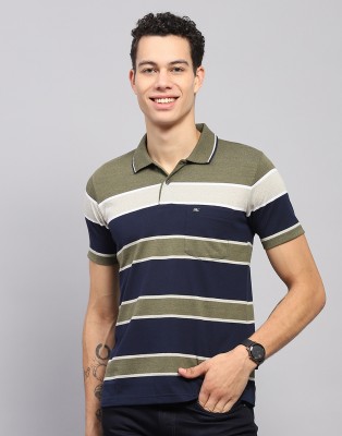 MONTE CARLO Striped Men Stylised Neck Green T-Shirt