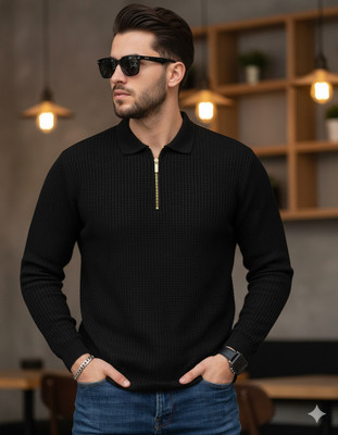 Siya Fashion Solid Men Zip Neck Black T-Shirt