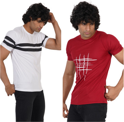 Jaqque Printed Men Round Neck White, Maroon T-Shirt