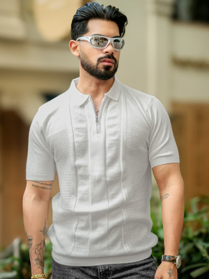 MANIAC Self Design Men Polo Neck White T-Shirt