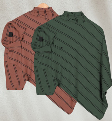 PRAIZY Striped Men Polo Neck Green, Orange T-Shirt