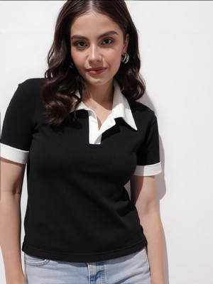 The Classic Togs Colorblock Women Polo Neck Black T-Shirt