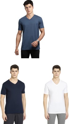 JOCKEY Solid Men V Neck Dark Blue, White T-Shirt