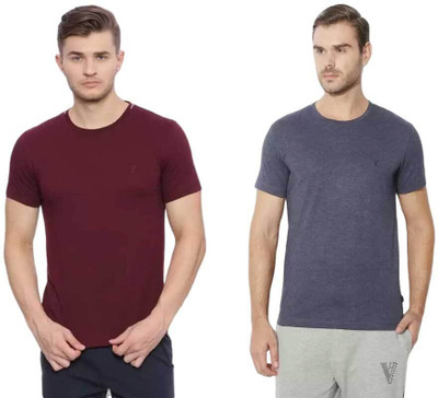 VAN HEUSEN Solid Men Round Neck Maroon, Grey T-Shirt