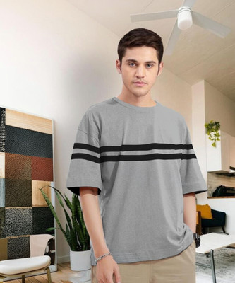 HouseOfCommon Striped Men Round Neck Grey T-Shirt