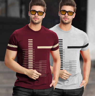 TRIPR Printed Men Round Neck Maroon, Grey T-Shirt