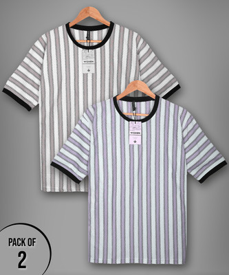 WOXEN Striped Men Round Neck Beige, Purple T-Shirt