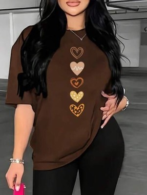 HouseOfCommon Printed Women Round Neck Brown T-Shirt