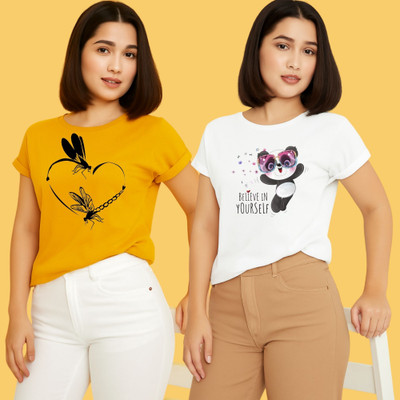 Kintu Parantu Printed Women Round Neck Yellow, White T-Shirt