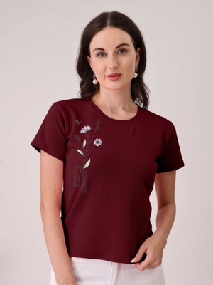 Moda Rapido Printed Women Round Neck Maroon T-Shirt