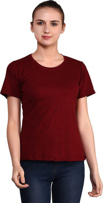 GEUM Solid Women Round Neck Maroon T-Shirt