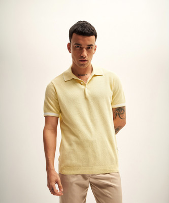 THE BEAR HOUSE Self Design Men Polo Neck Yellow T-Shirt