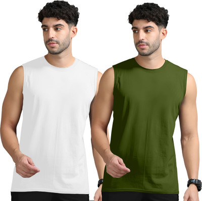JB Jangoboy Solid Men Round Neck White, Dark Green T-Shirt