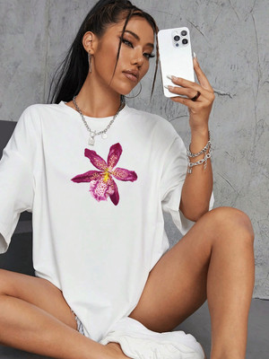 SLENOR Printed Women Round Neck White T-Shirt