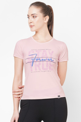 Laasa Sports Typography Women Round Neck Pink T-Shirt