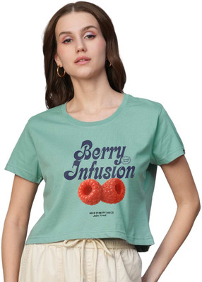 Pronk Printed Women Round Neck Light Green T-Shirt