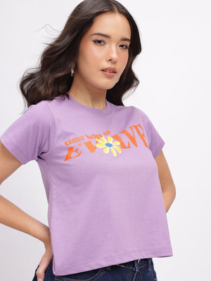 Glitchez Printed Women Round Neck Purple T-Shirt