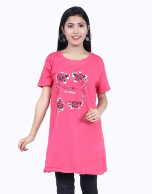 NG Store Printed Women Round Neck Pink T-Shirt