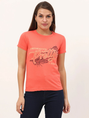 FEDAMSEL Printed, Typography Women Round Neck Pink T-Shirt