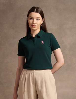 U.S. POLO ASSN. Self Design Women Polo Neck Green T-Shirt