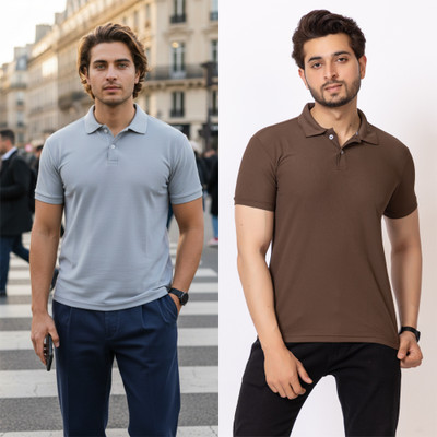 HILFIRE REGION Solid Men Polo Neck Grey, Brown T-Shirt