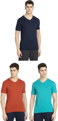 JOCKEY Solid Men V Neck Orange, Light Green, Dark Blue T-Shirt