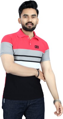 Olympus Mons Striped Men Polo Neck Pink T-Shirt