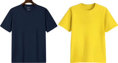 P collection Solid Men Round Neck Navy Blue, Yellow T-Shirt