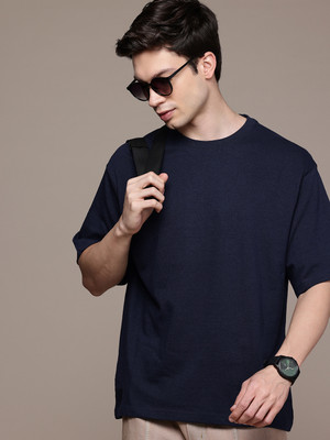 METRONAUT Solid Men Round Neck Navy Blue T-Shirt