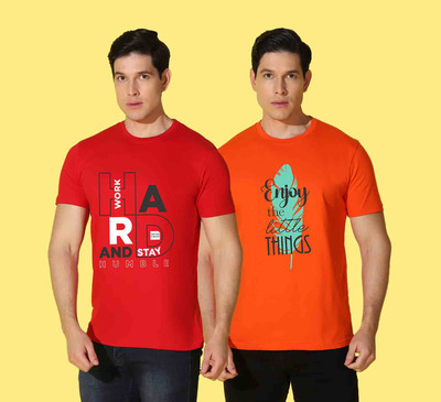 WOOSTRO Printed Men Round Neck Red, Orange T-Shirt