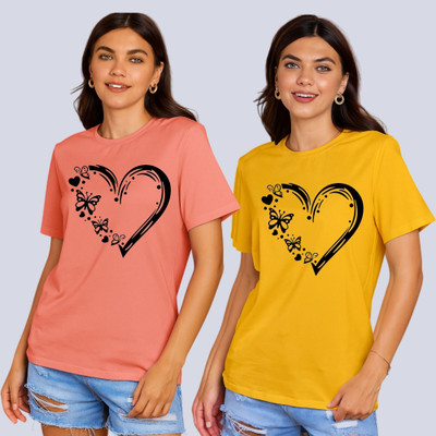 Lecowar Printed Women Round Neck Pink, Yellow T-Shirt