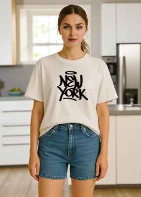 Elvia Printed Women Round Neck White T-Shirt