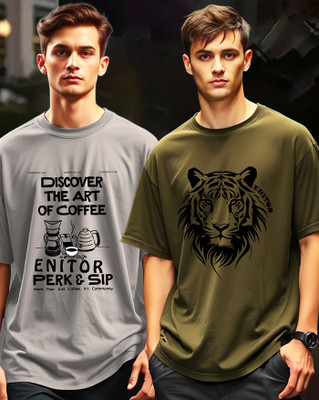 AOOSH Graphic Print Men Round Neck Green, Grey T-Shirt