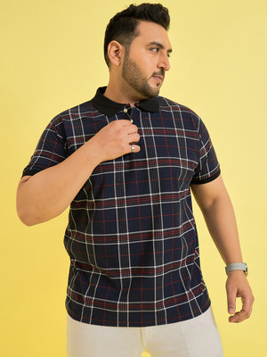 bigbanana Checkered Men Polo Neck Navy Blue T-Shirt