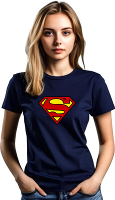 JEDFER Superhero, Graphic Print Women Round Neck Navy Blue T-Shirt
