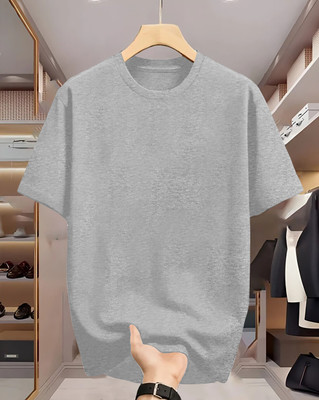 Just Try Solid Men Round Neck Grey T-Shirt