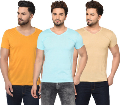 JB Jangoboy Solid Men V Neck Light Blue, Beige, Yellow T-Shirt