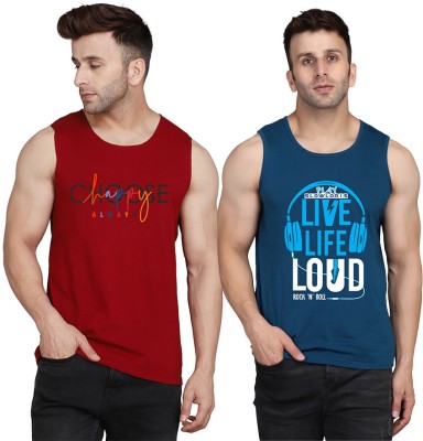 SLOWLORIS Printed Men Scoop Neck Dark Blue, Maroon T-Shirt