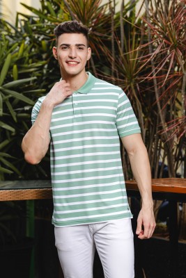 one sky Striped Men Polo Neck Light Green, White T-Shirt