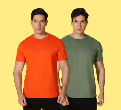 WOOSTRO Solid, Printed Men Round Neck Orange, Green T-Shirt