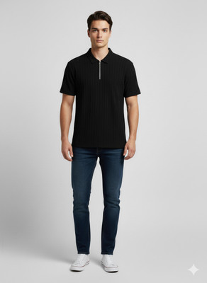 RIDHUDEE Solid Men Polo Neck Black T-Shirt