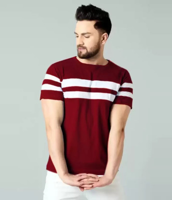 Newba Striped Men Round Neck Maroon, White T-Shirt