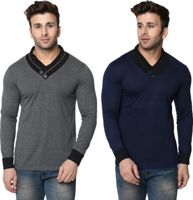 Tresna Trendy Colorblock Men Shawl Neck Blue, Grey T-Shirt
