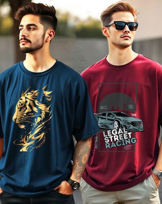 AOOSH Graphic Print Men Round Neck Dark Blue, Maroon T-Shirt