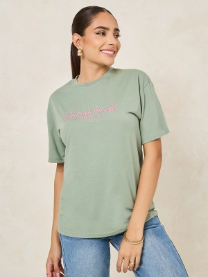 Styli Self Design Women Round Neck Green T-Shirt