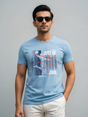 ADRO Printed Men Round Neck Light Blue T-Shirt